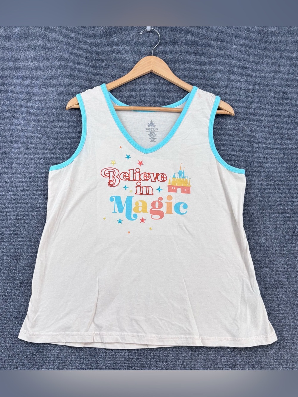 Disney Retro Vacation “Believe In Magic” Ivory Tank Colorful Trim Women’s XL